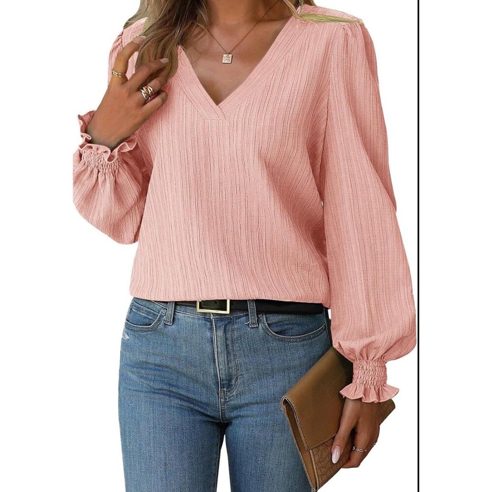 Women's Long Sleeve Top V Neck Puff Shirt Dressy Casual Loose Blouses Large Pink